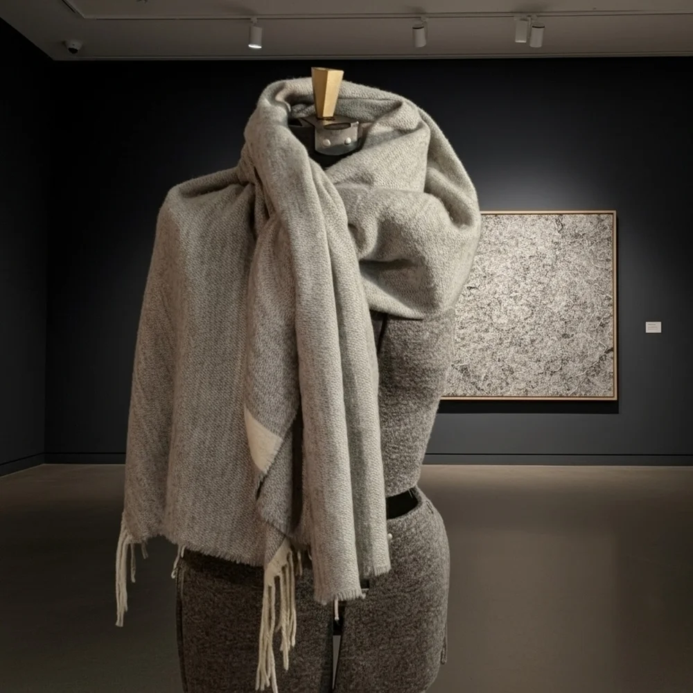 A.N.D. Gray and Cream Four-way Fringed Shawl /Gilet /Wrap /Scarf